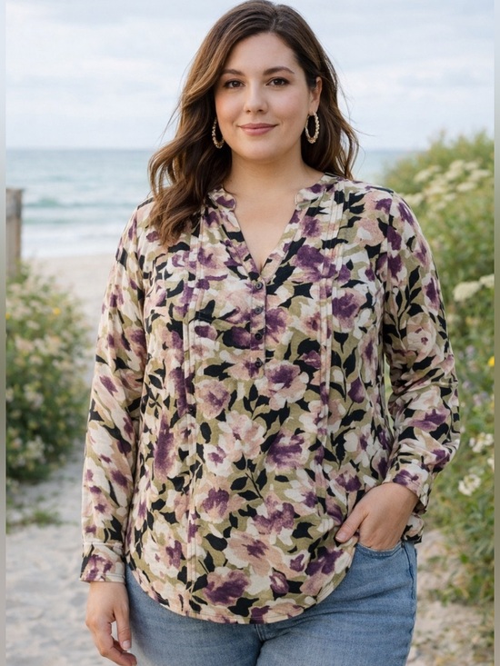 Simply Vera Vera Wang Tops - Simply Vera Vera Wang Long Sleeve V Neck 4 Button Popover Floral Blouse Large
